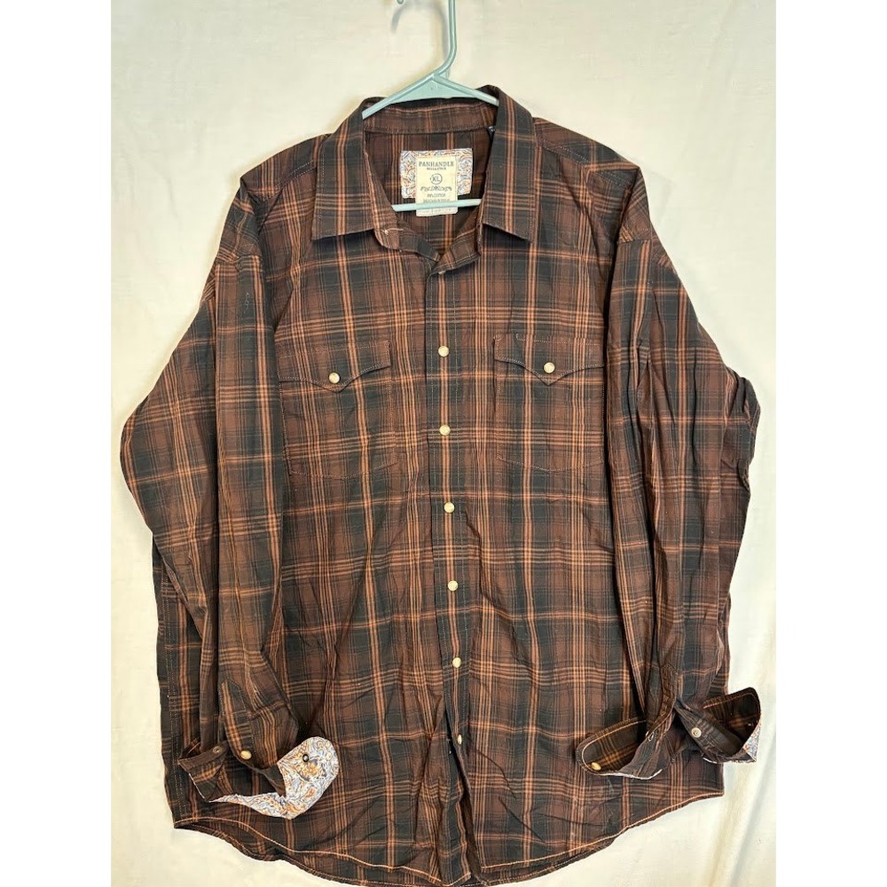 Panhandle Rough Stock Mens XL Brown Plaid Pearl Snap Western Shirt ROF5132